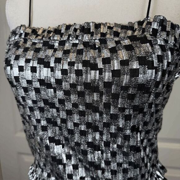 NWT‎ ZARA Black and Silver Metallic Party Mini Dress Waist Ruffle Size Small - Picture 3 of 14